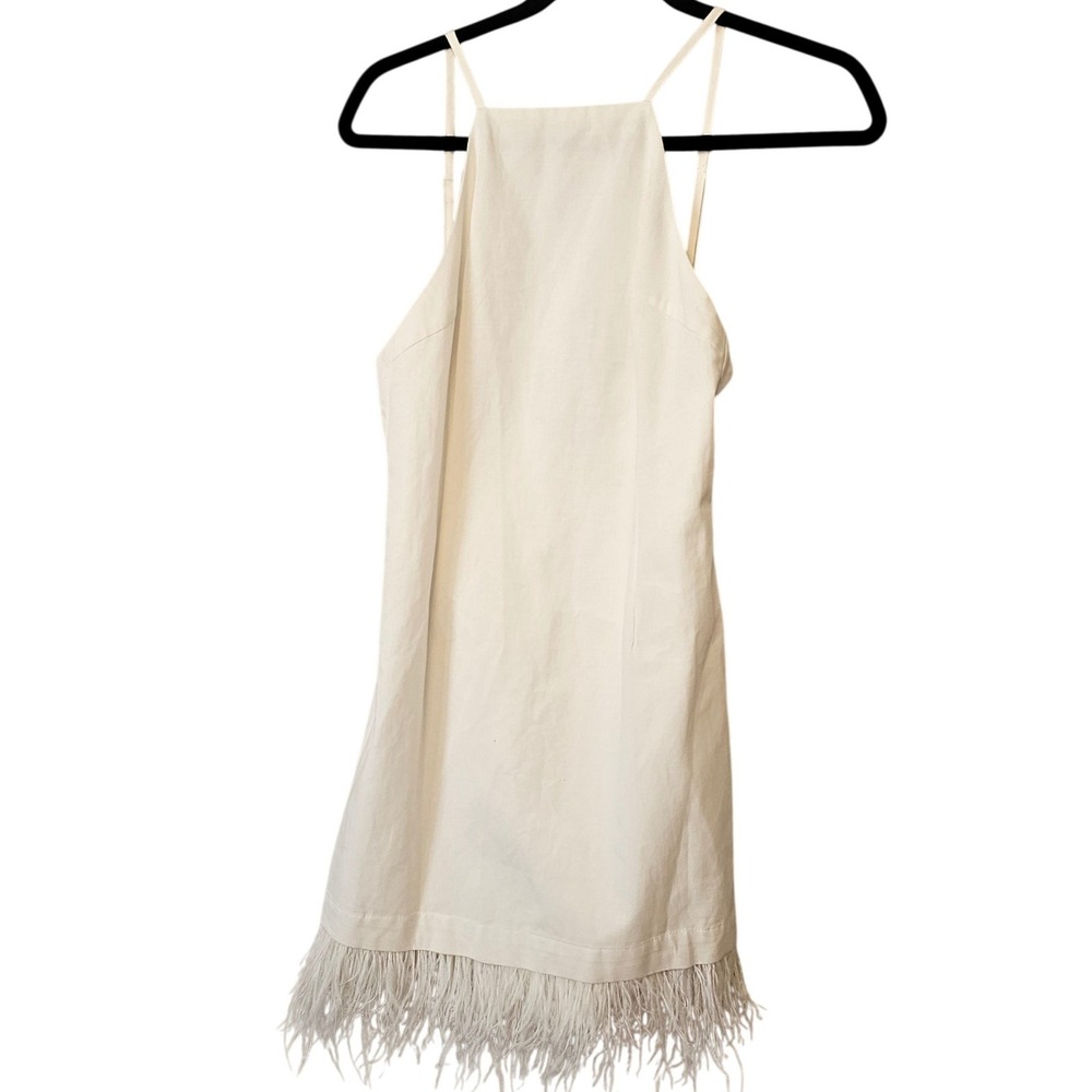 Zara Womens Cream Linen Blend Feather Trim Mini Dress High Neck XS Off White